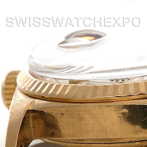The image shows a close-up side view of a Rolex President 1803 Men's Yellow Gold Silver Dial 1803 Men's Yellow Gold Silver Dial model watch, highlighting the gold case, fluted bezel, and crystal.