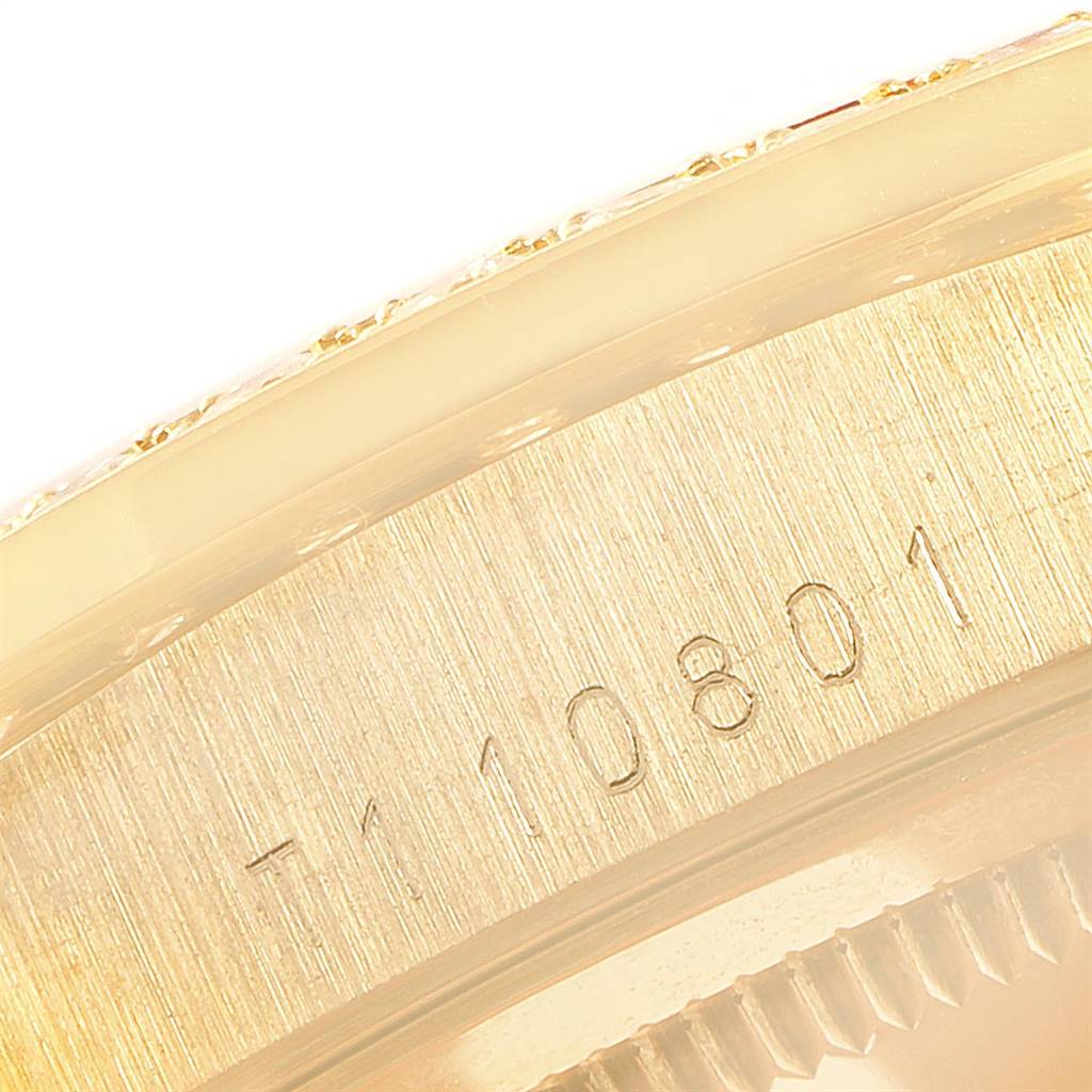 This close-up image shows the serial number engraving on the case bezel of a Rolex President 18348 Men
s Yellow Gold Champagne Dial 18348 Men
s Yellow Gold Champagne Dial model watch.