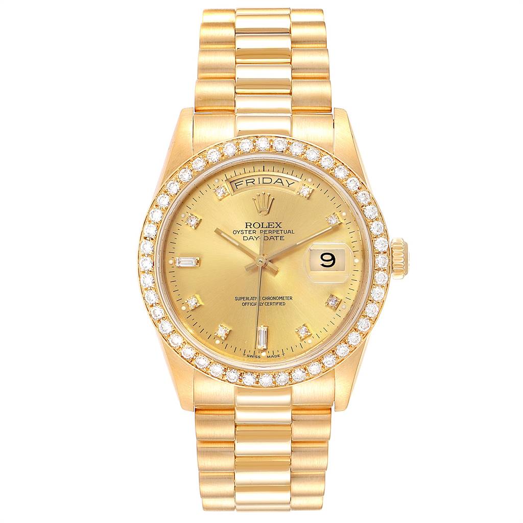 This image shows a Rolex President 18348 Men
s Yellow Gold Champagne Dial 18348 Men
s Yellow Gold Champagne Dial model watch from a front angle, highlighting its gold case, diamond bezel, and bracelet.