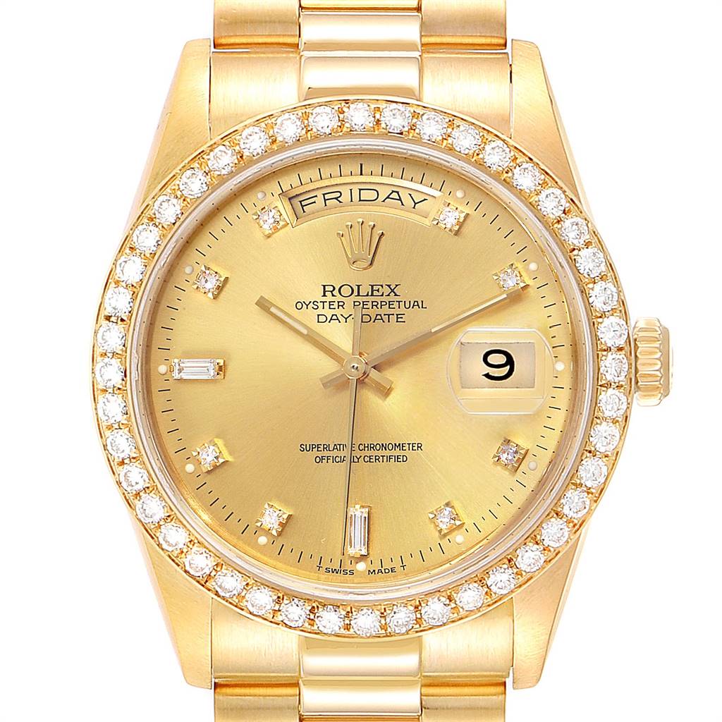 The image shows a frontal view of the Rolex President 18348 Men
s Yellow Gold Champagne Dial 18348 Men
s Yellow Gold Champagne Dial model, highlighting its gold case, diamond bezel, and day-date display.
