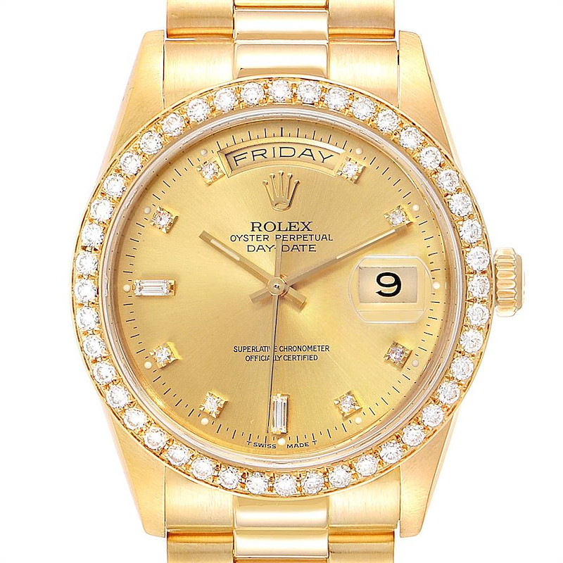 Rolex President Day Date Yellow Gold Diamond Dial Bezel Mens Watch 18348 SwissWatchExpo