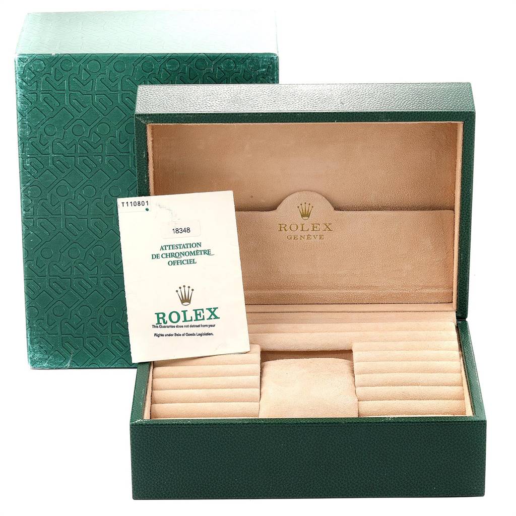 The image shows an open Rolex President 18348 Men
s Yellow Gold Champagne Dial 18348 Men
s Yellow Gold Champagne Dial watch box from a frontal angle, displaying the interior compartments and certification booklet.