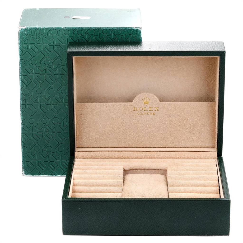 The image shows an open Rolex President 18238 Men's Yellow Gold Champagne Dial 18238 Men's Yellow Gold Champagne Dial model watch box with the interior designed to hold the watch, alongside its outer packaging.