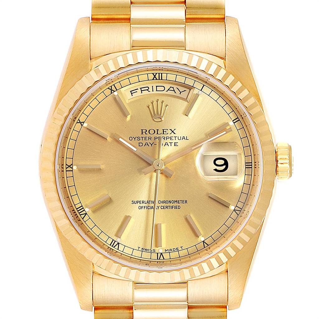 The image shows a frontal view of a Rolex President 18238 Men's Yellow Gold Champagne Dial 18238 Men's Yellow Gold Champagne Dial model watch, highlighting the dial, bezel, and part of the bracelet.