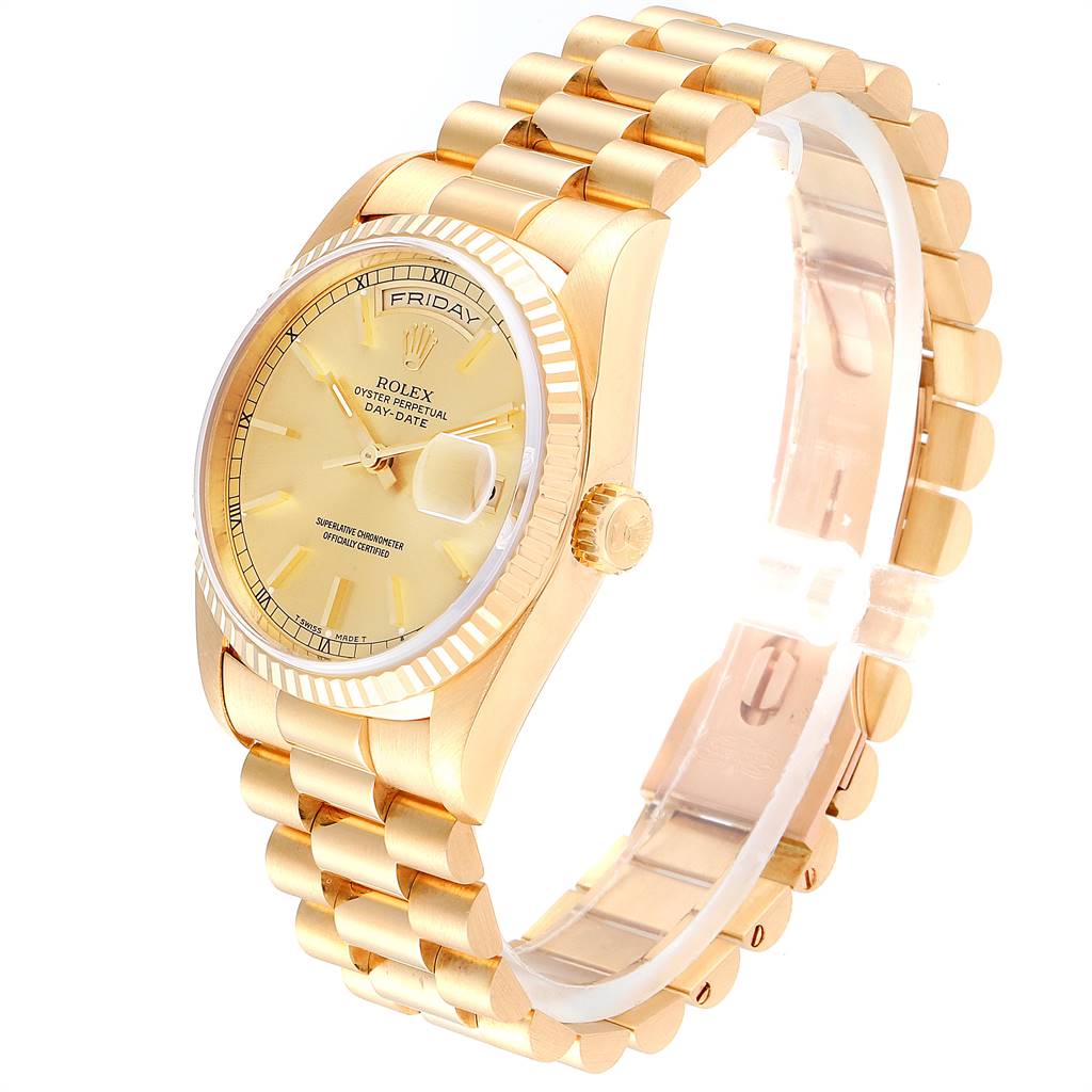 The image shows a side and front angle of a gold Rolex President 18238 Men's Yellow Gold Champagne Dial 18238 Men's Yellow Gold Champagne Dial Day-Date watch displaying its bracelet, dial, and fluted bezel.