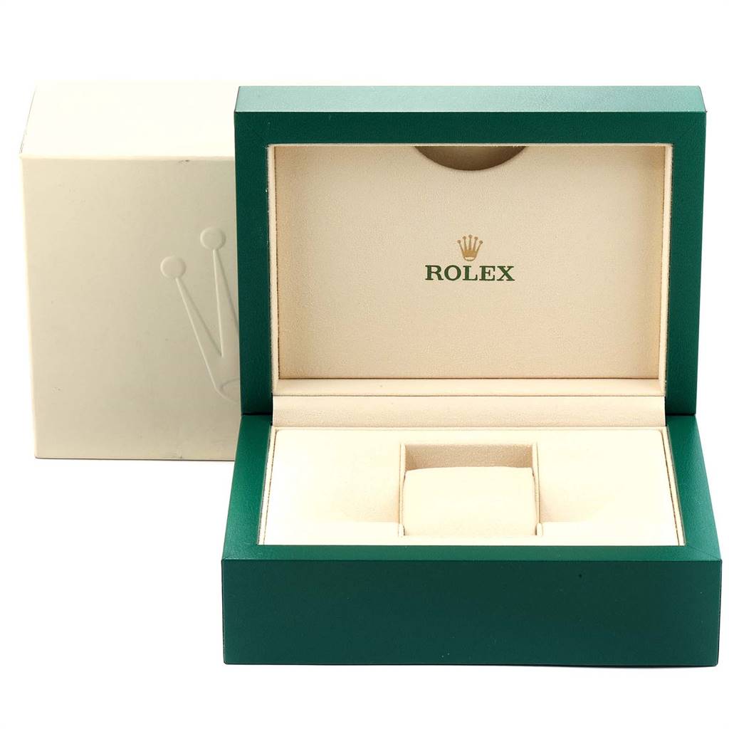This image shows the open box for a Rolex President 118338 Men's Yellow Gold Champagne Dial 118338 Men's Yellow Gold Champagne Dial model watch, viewed from the front.