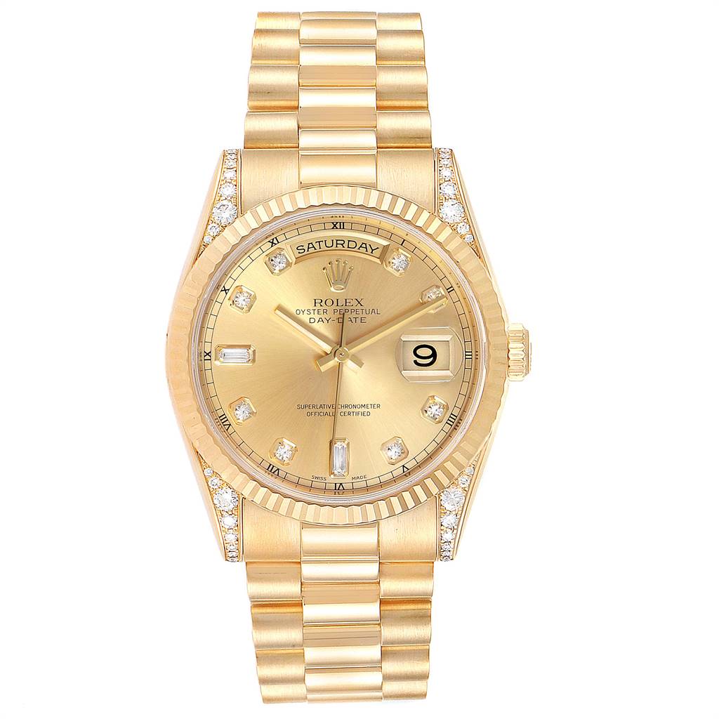 Rolex President Day Date Yellow Gold Diamond Lugs Mens Watch 118338 ...