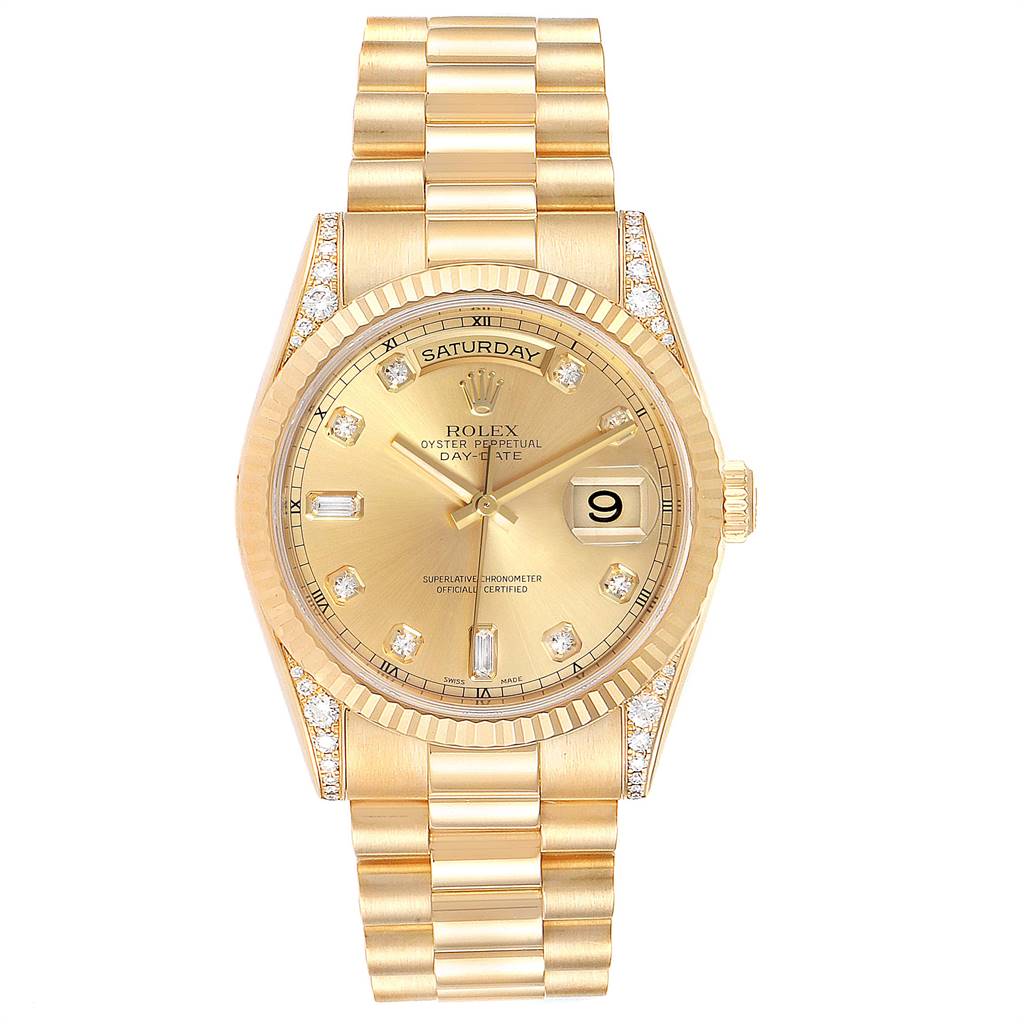 The image shows a front view of a Rolex President 118338 Men's Yellow Gold Champagne Dial 118338 Men's Yellow Gold Champagne Dial model watch, featuring its dial, bezel, and bracelet.