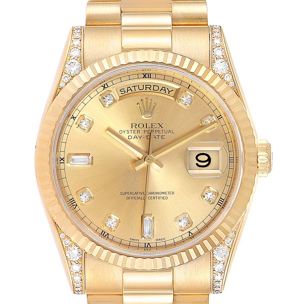 This image shows a front view of a Rolex President 118338 Men's Yellow Gold Champagne Dial 118338 Men's Yellow Gold Champagne Dial model watch, highlighting its gold dial, day and date displays, and diamond markers.
