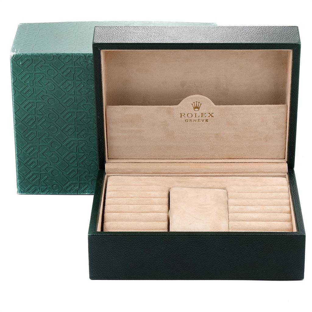 The image shows a Rolex President 18239 Men's White Gold Brown Dial 18239 Men's White Gold Brown Dial model watch box, opened to display the interior compartments and cushioning for the watch.