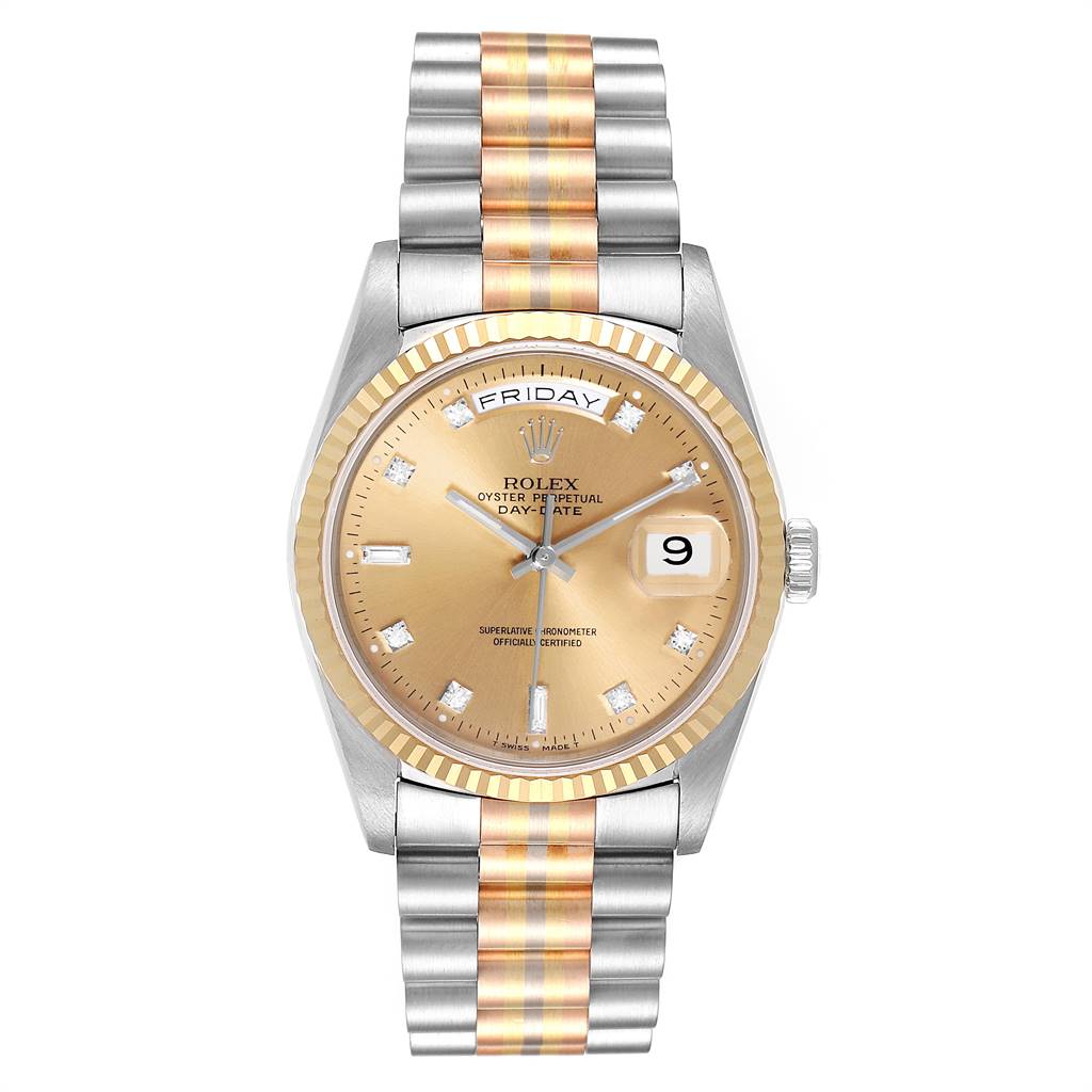 The image shows a front view of the Rolex President 18239 Men's White Gold Brown Dial 18239 Men's White Gold Brown Dial model, displaying its dial, bezel, and bracelet.