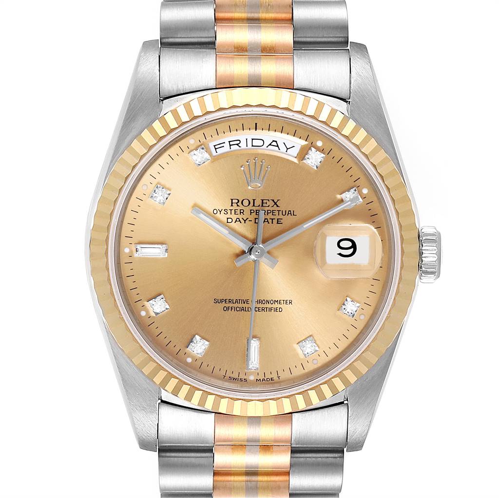 This image shows a front view of a Rolex President 18239 Men's White Gold Brown Dial 18239 Men's White Gold Brown Dial model watch, highlighting its dial, bracelet, hour markers, date, day, and crown.