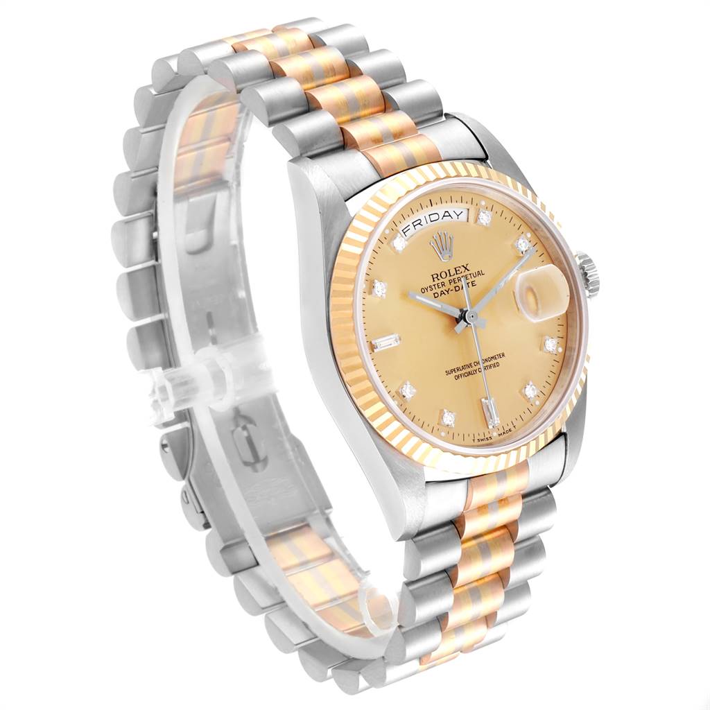The image shows a side angle of the Rolex President 18239 Men's White Gold Brown Dial 18239 Men's White Gold Brown Dial model watch, highlighting its face, fluted bezel, and two-tone bracelet.