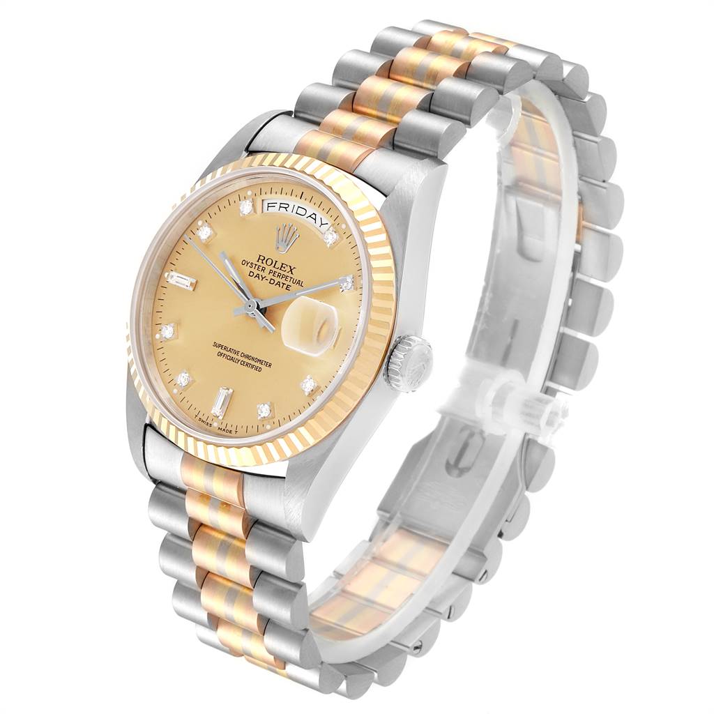 The Rolex President 18239 Men's White Gold Brown Dial 18239 Men's White Gold Brown Dial model is shown at a front angle, displaying the face, bezel, and two-tone bracelet.
