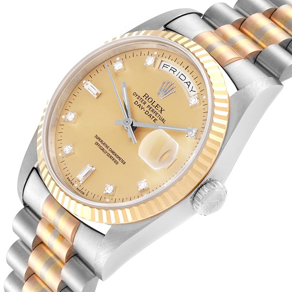 This image shows a Rolex President 18239 Men's White Gold Brown Dial 18239 Men's White Gold Brown Dial model watch from a front-side angle, highlighting the dial, bezel, and part of the bracelet.