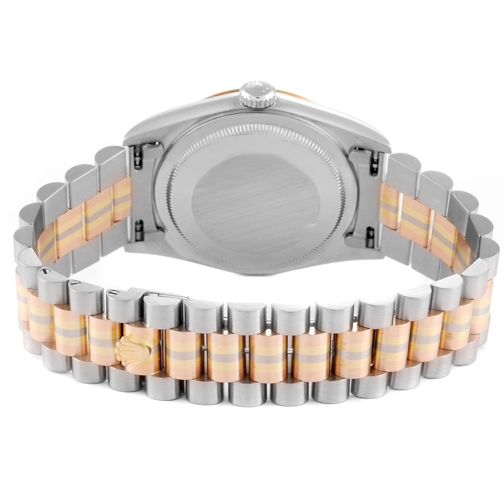 The image shows the back view of a Rolex President 18239 Men's White Gold Brown Dial 18239 Men's White Gold Brown Dial model watch, highlighting the caseback and the jubilee bracelet.