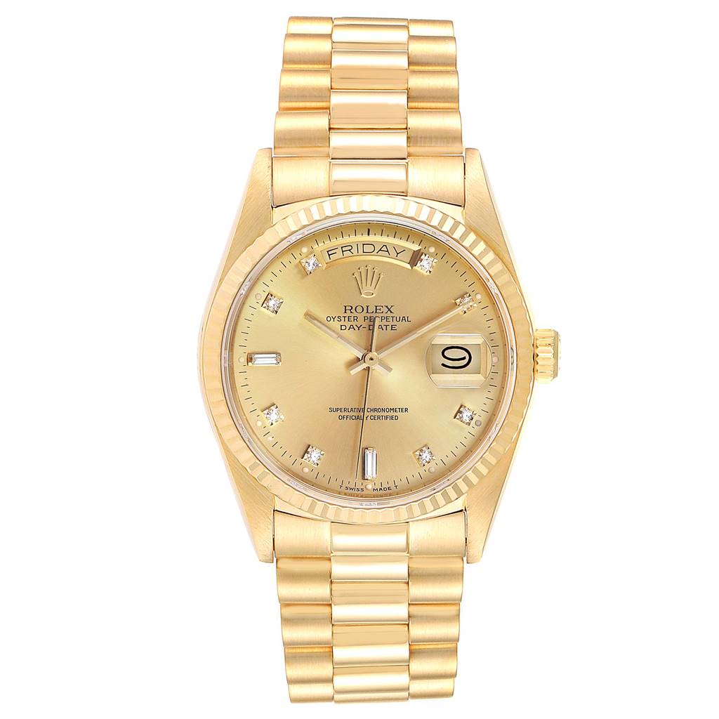 The image shows the front view of a Rolex President 18038 Men
s Yellow Gold Champagne Dial 18038 Men
s Yellow Gold Champagne Dial model watch, displaying the dial, bracelet, and crown.