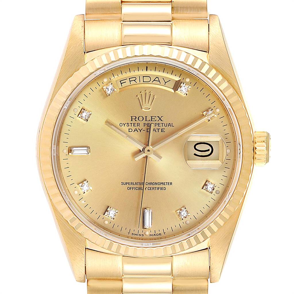 The image shows a frontal view of the Rolex President 18038 Men
s Yellow Gold Champagne Dial 18038 Men
s Yellow Gold Champagne Dial model watch, highlighting the dial, date window, and parts of the bracelet.