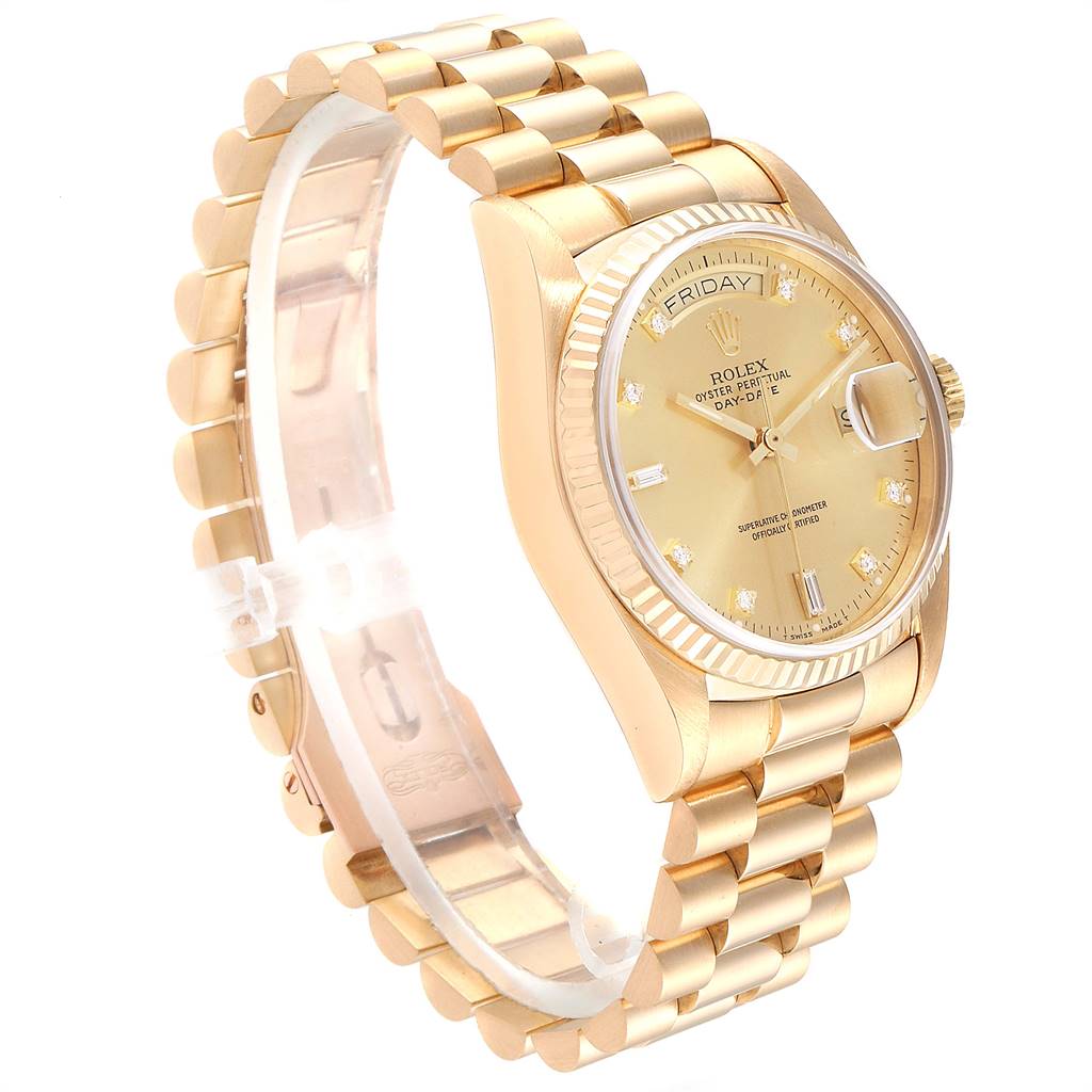 The image shows a Rolex President 18038 Men
s Yellow Gold Champagne Dial 18038 Men
s Yellow Gold Champagne Dial model watch at an oblique angle, highlighting its gold bracelet, bezel, and dial with diamond hour markers.