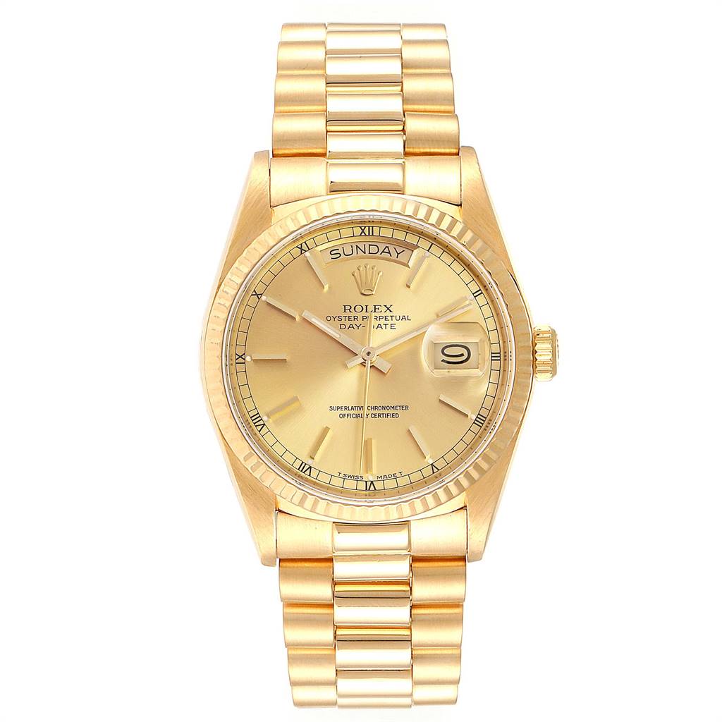 The image shows a front view of a Rolex President 18038 Men
s Yellow Gold Champagne Dial 18038 Men
s Yellow Gold Champagne Dial model watch, displaying the dial, day-date feature, bezel, and bracelet.
