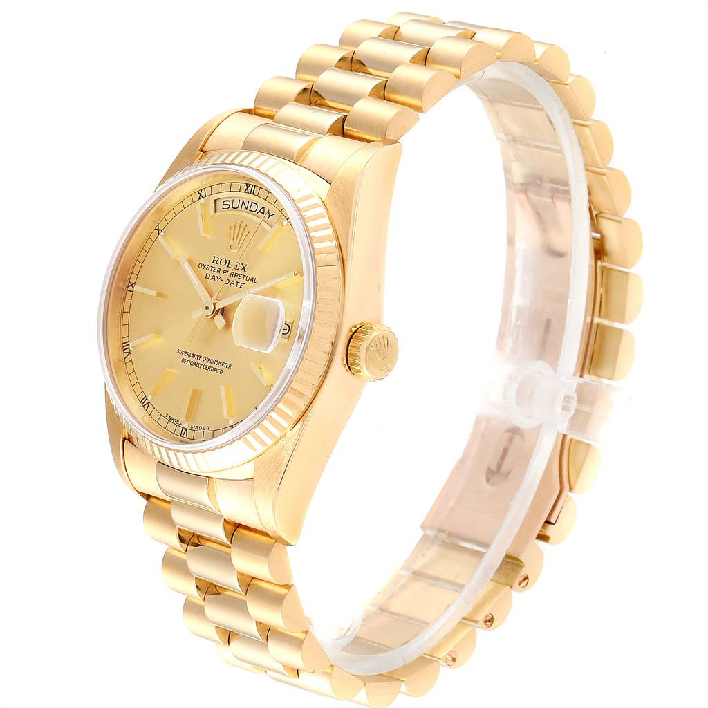 This image shows a Rolex President 18038 Men
s Yellow Gold Champagne Dial 18038 Men
s Yellow Gold Champagne Dial watch at a slight side angle, highlighting its gold case, bracelet, crown, and face.