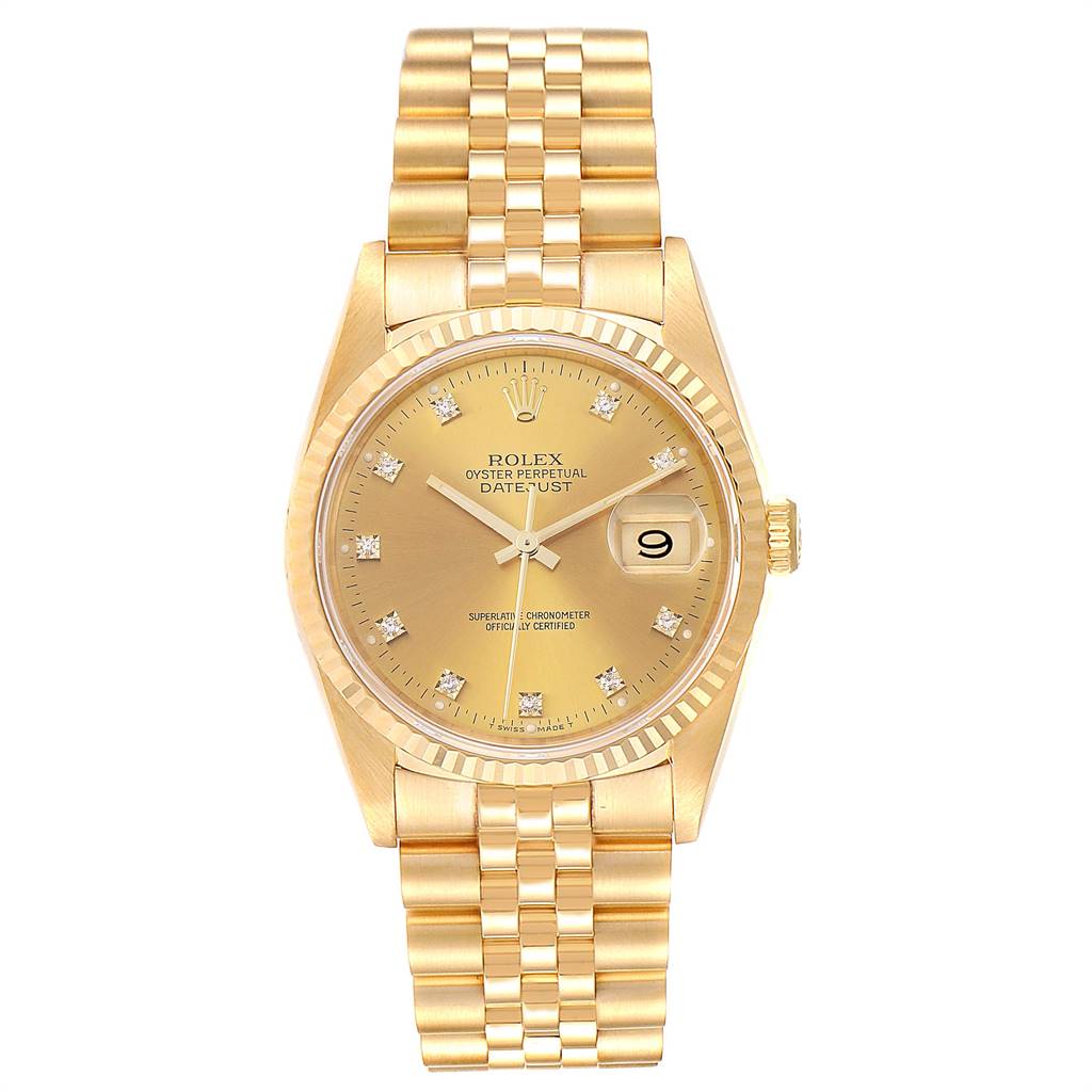 The Rolex President 16238 Men
s Yellow Gold Champagne Dial 16238 Men
s Yellow Gold Champagne Dial model watch is shown from a front angle, displaying its gold band, dial, and date window.