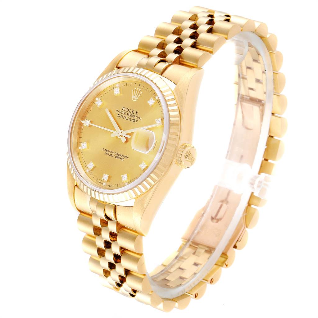 The Rolex President 16238 Men
s Yellow Gold Champagne Dial 16238 Men
s Yellow Gold Champagne Dial model watch is shown in a 3/4 angle, highlighting its gold bracelet, dial, and fluted bezel.