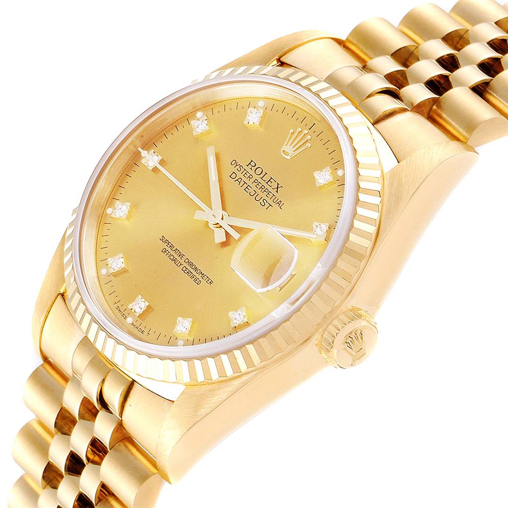 The image shows a Rolex President 16238 Men
s Yellow Gold Champagne Dial 16238 Men
s Yellow Gold Champagne Dial model watch from an angled perspective, highlighting the dial, bezel, crown, and part of the bracelet.