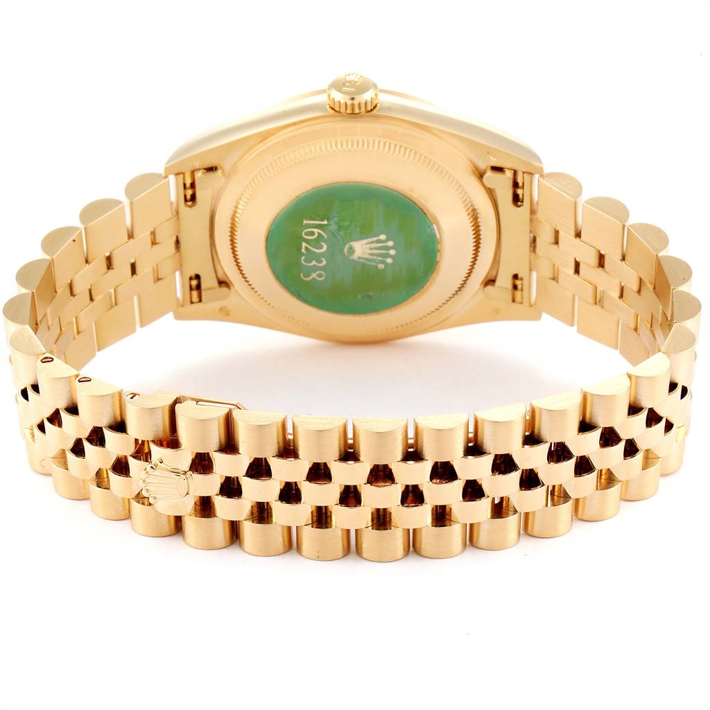 This image shows the back case and President bracelet of a Rolex President 16238 Men
s Yellow Gold Champagne Dial 16238 Men
s Yellow Gold Champagne Dial model watch from a rear angle.