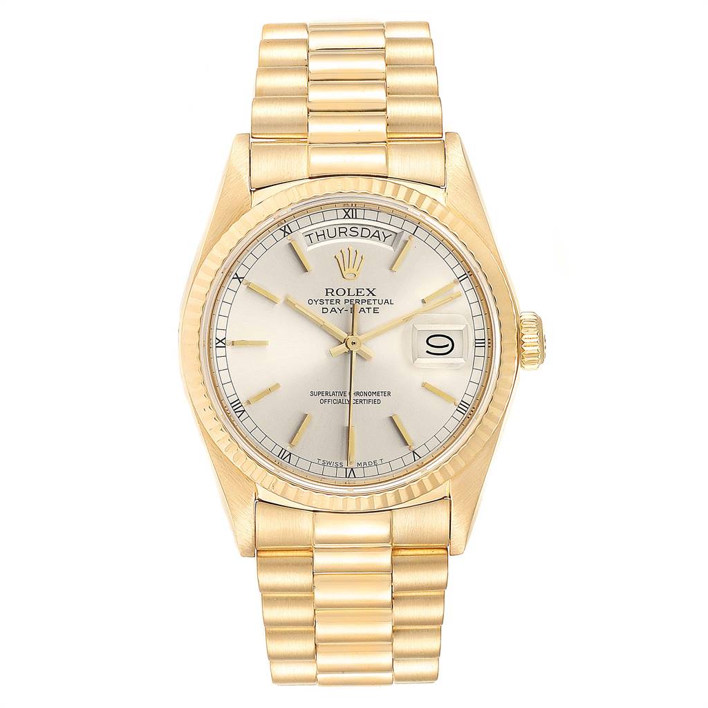 This image shows a front view of a Rolex President 18038 Men
s Yellow Gold Silver Dial 18038 Men
s Yellow Gold Silver Dial model watch, displaying its dial, bracelet, and fluted bezel.