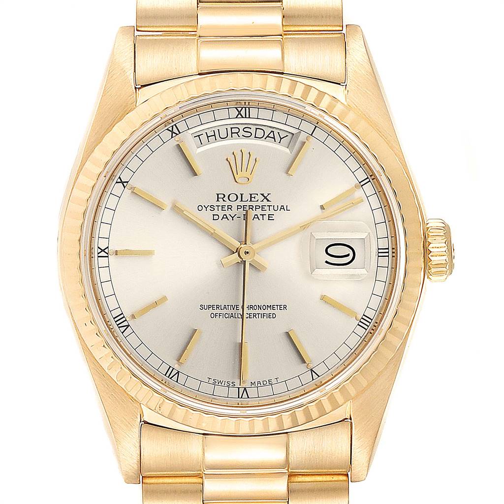 The image shows a frontal view of the Rolex President 18038 Men
s Yellow Gold Silver Dial 18038 Men
s Yellow Gold Silver Dial Day-Date watch, highlighting the dial, hands, day and date windows, bezel, and bracelet.