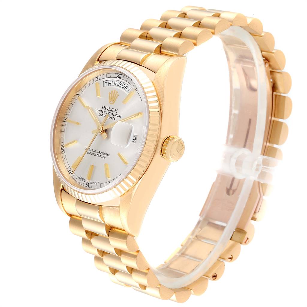 The image shows a side angle of a Rolex President 18038 Men
s Yellow Gold Silver Dial 18038 Men
s Yellow Gold Silver Dial model, highlighting the dial, bezel, and bracelet.