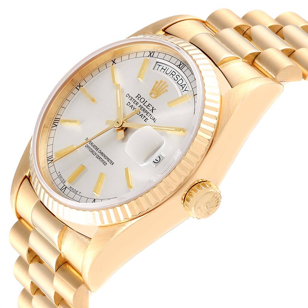 This image shows a side view of the Rolex President 18038 Men
s Yellow Gold Silver Dial 18038 Men
s Yellow Gold Silver Dial model watch, highlighting its gold case, fluted bezel, dial, and bracelet.