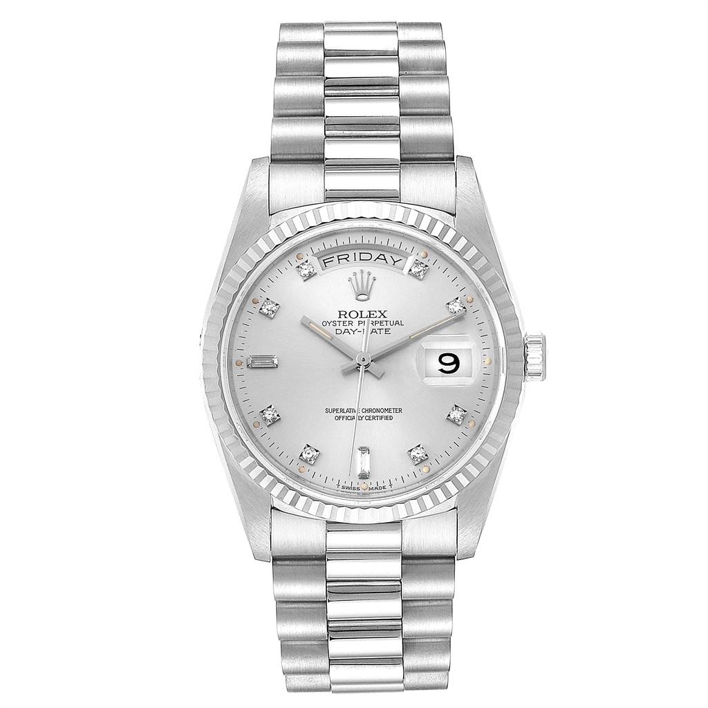 The image shows a front view of a Rolex President 18239 Men's White Gold Silver Dial 18239 Men's White Gold Silver Dial model watch, highlighting its bracelet, dial, day, and date features.