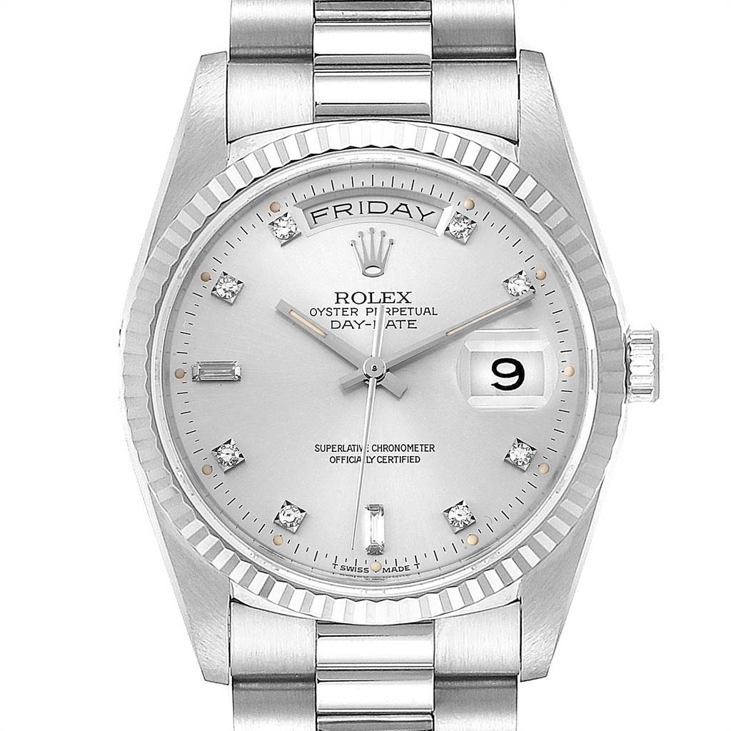 This image shows a frontal view of the Rolex President 18239 Men's White Gold Silver Dial 18239 Men's White Gold Silver Dial Day-Date watch, highlighting the dial, bezel, and bracelet.