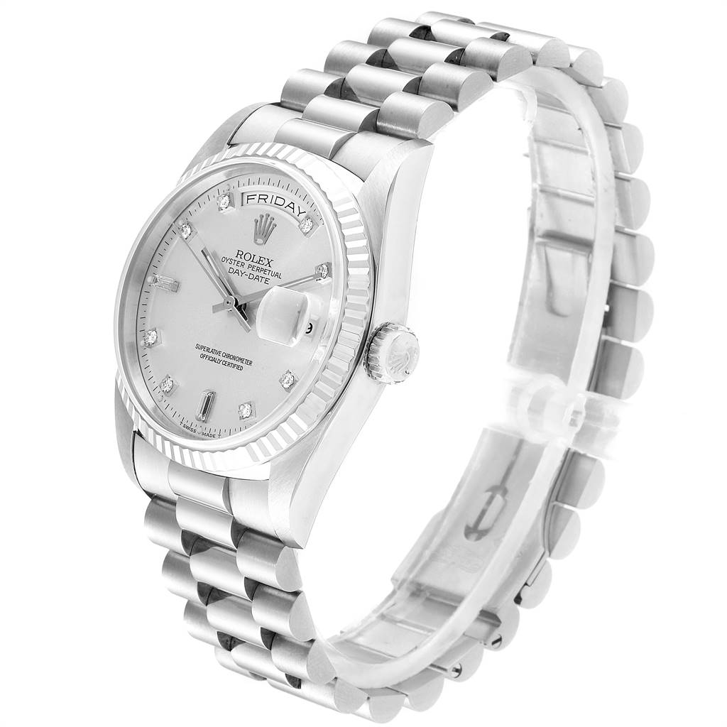 The Rolex President 18239 Men's White Gold Silver Dial 18239 Men's White Gold Silver Dial model watch is shown at an angle highlighting the dial, bezel, crown, and bracelet.