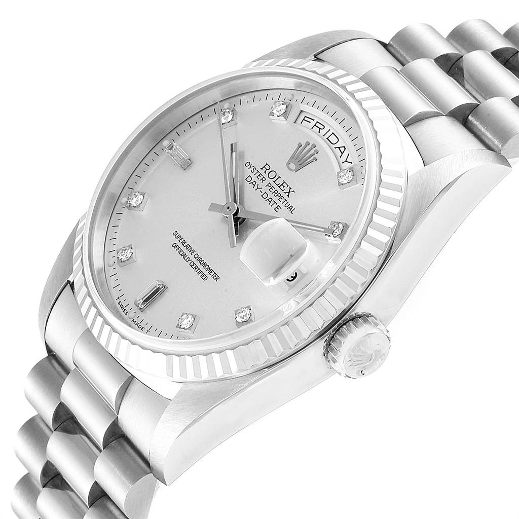 The image shows a Rolex President 18239 Men's White Gold Silver Dial 18239 Men's White Gold Silver Dial model watch at an oblique angle, highlighting the face, bezel, crown, and part of the bracelet.