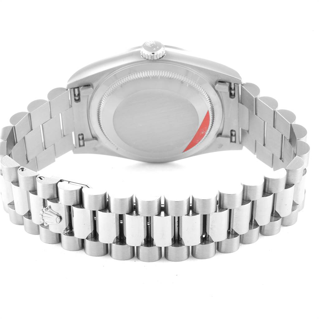 The image shows the back and bracelet of a Rolex President 18239 Men's White Gold Silver Dial 18239 Men's White Gold Silver Dial model watch from a rear angle.