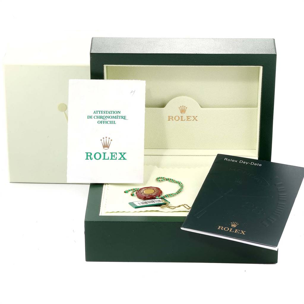 The image shows the packaging, booklets, hang tag, and certification for the Rolex President 118235 Men's Rose Gold Champagne Dial 118235 Men's Rose Gold Champagne Dial model watch.