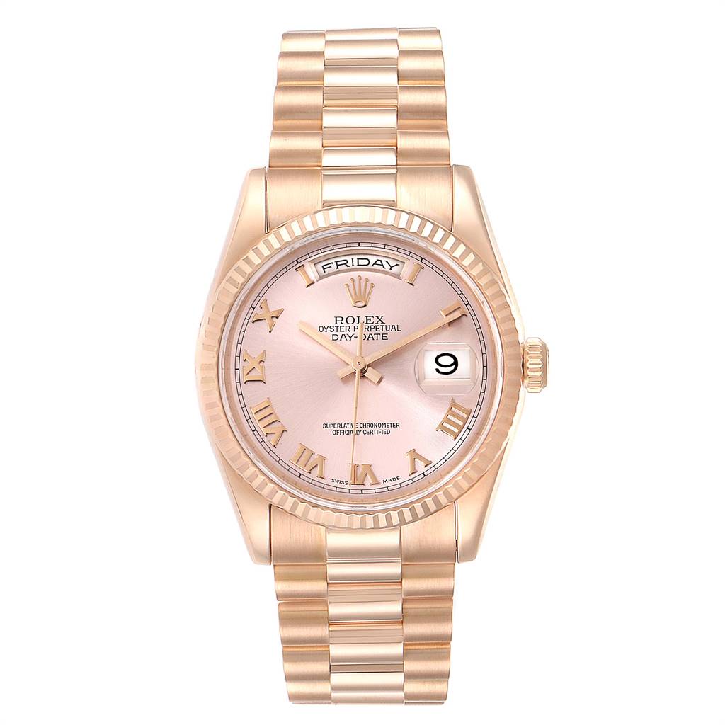 This is a front view of the Rolex President 118235 Men's Rose Gold Champagne Dial 118235 Men's Rose Gold Champagne Dial model watch, showing the face, bezel, crown, and bracelet.