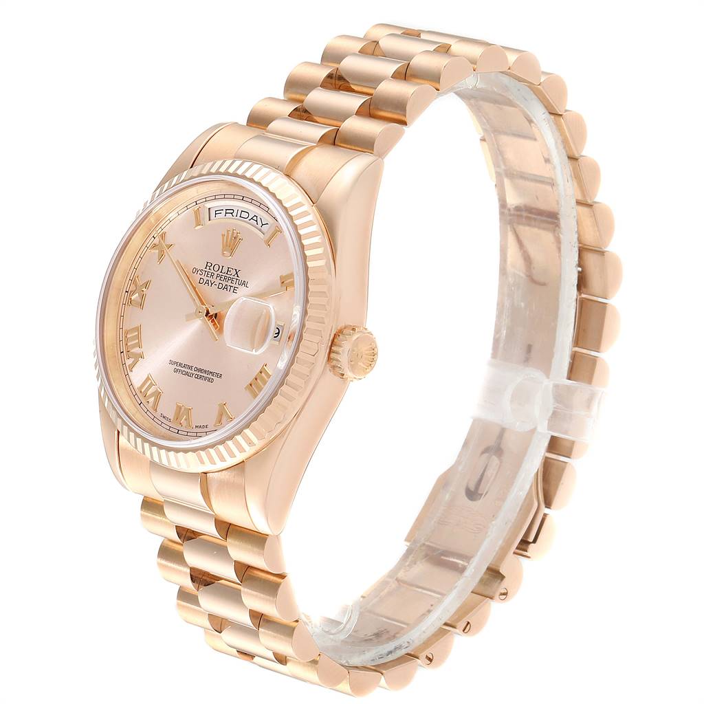 The Rolex President 118235 Men's Rose Gold Champagne Dial 118235 Men's Rose Gold Champagne Dial model watch is shown at a three-quarter angle, displaying the face, case, crown, and bracelet.