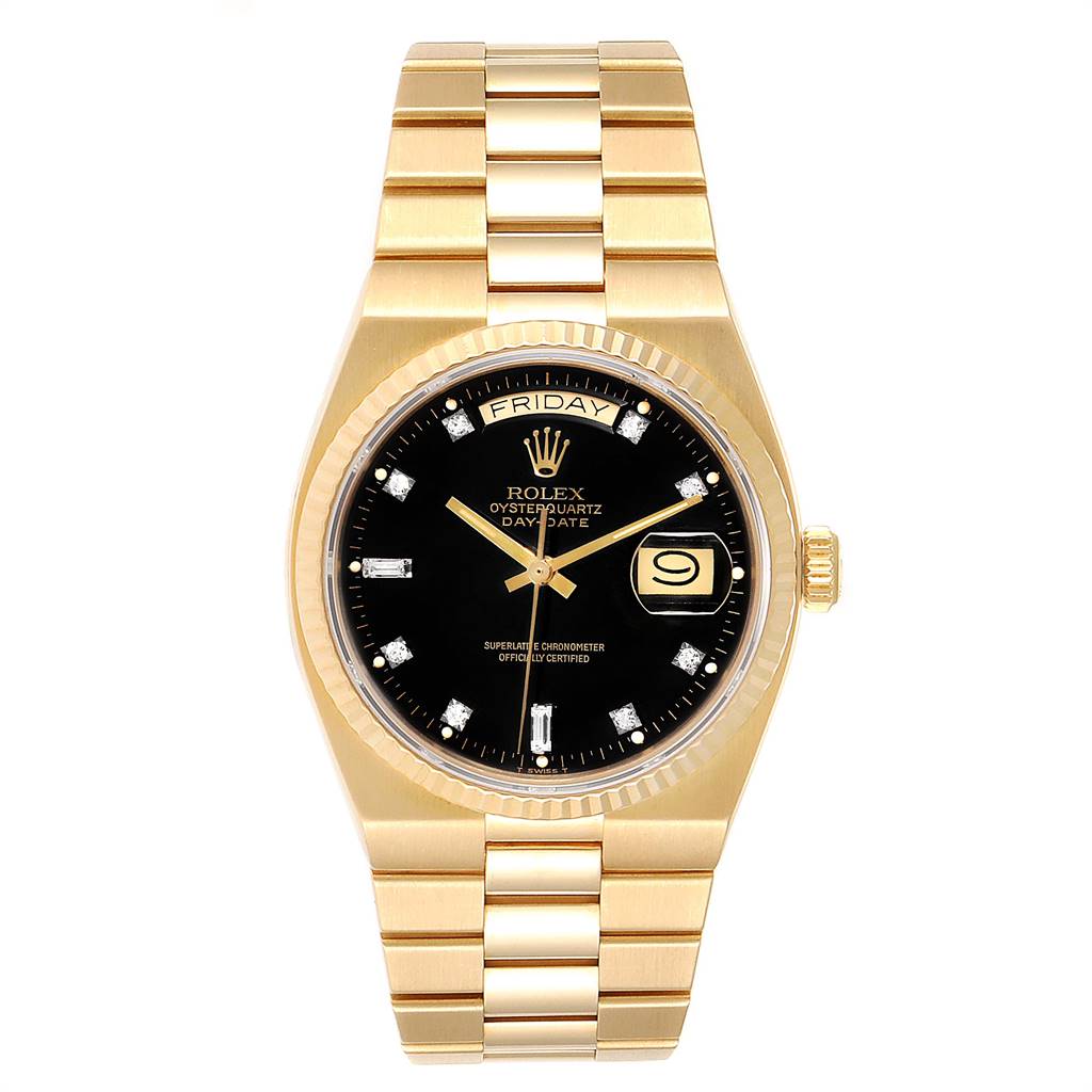 This image shows a frontal view of the Rolex President 19018 Men
s Yellow Gold Black Dial 19018 Men
s Yellow Gold Black Dial model watch, displaying the dial, bezel, bracelet, and crown.