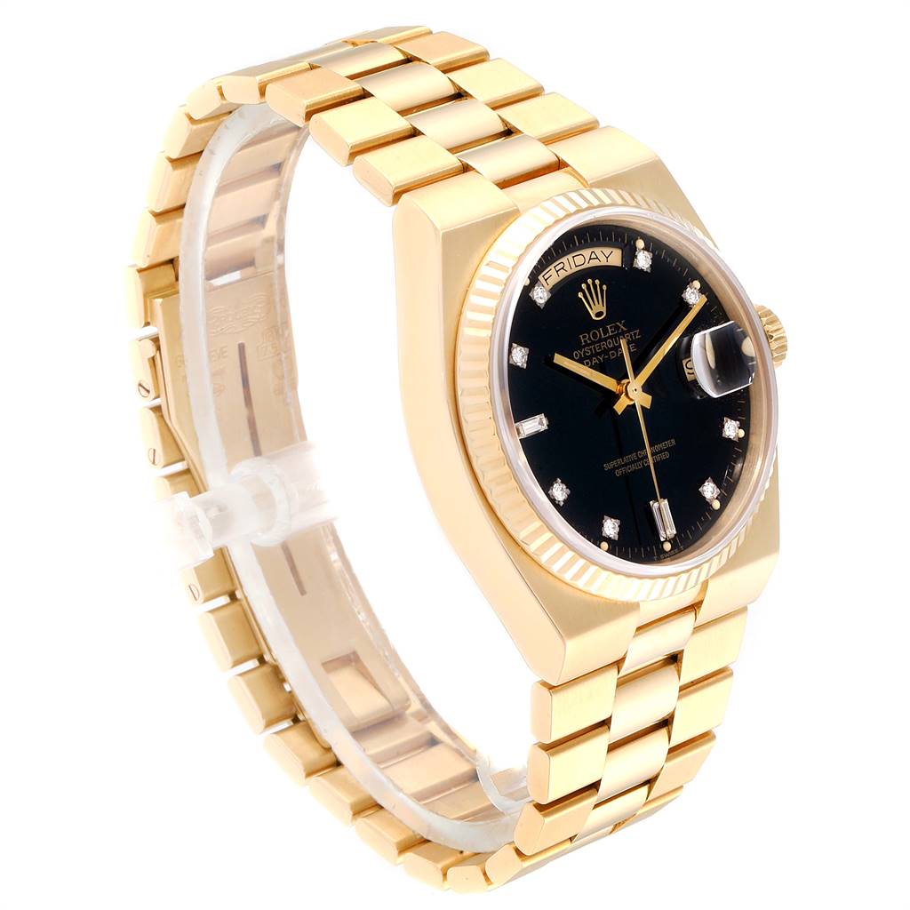 The image shows a Rolex President 19018 Men
s Yellow Gold Black Dial 19018 Men
s Yellow Gold Black Dial model watch at a three-quarter angle, highlighting its gold bracelet, black dial, and diamond hour markers.