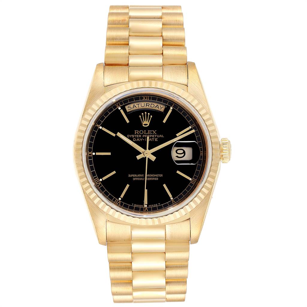 The image shows a front view of the Rolex President 18238 Men
s Yellow Gold Black Dial 18238 Men
s Yellow Gold Black Dial model watch, displaying its black dial, date window, and gold link bracelet.