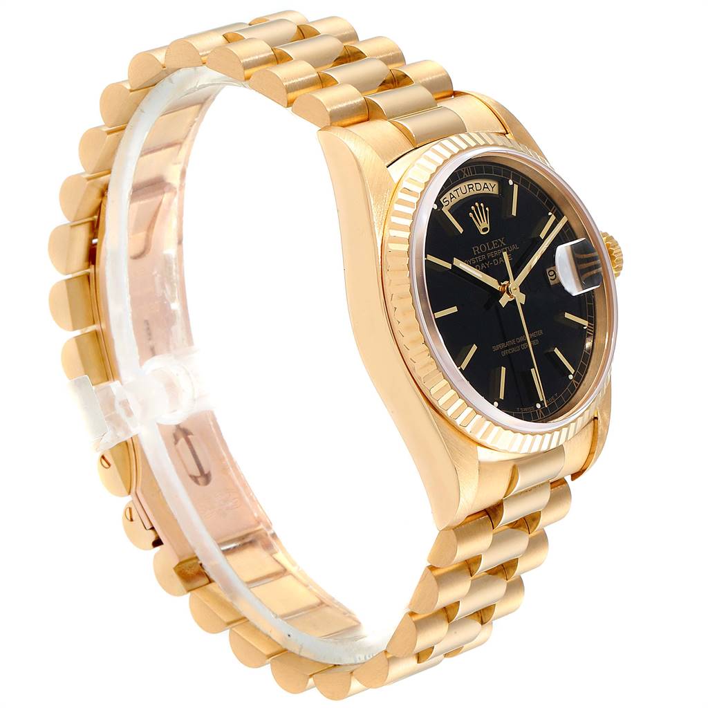 The image shows a side angle of a Rolex President 18238 Men
s Yellow Gold Black Dial 18238 Men
s Yellow Gold Black Dial watch, highlighting the black dial, gold bezel, and gold bracelet.