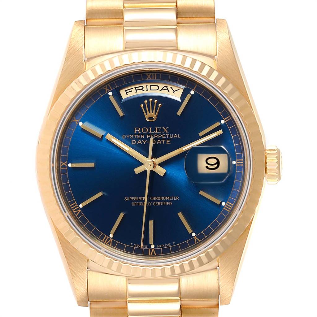 The image shows a front view of a Rolex President 18238 Men
s Yellow Gold Blue Dial 18238 Men
s Yellow Gold Blue Dial model watch, highlighting its blue dial, day-date display, and gold band.