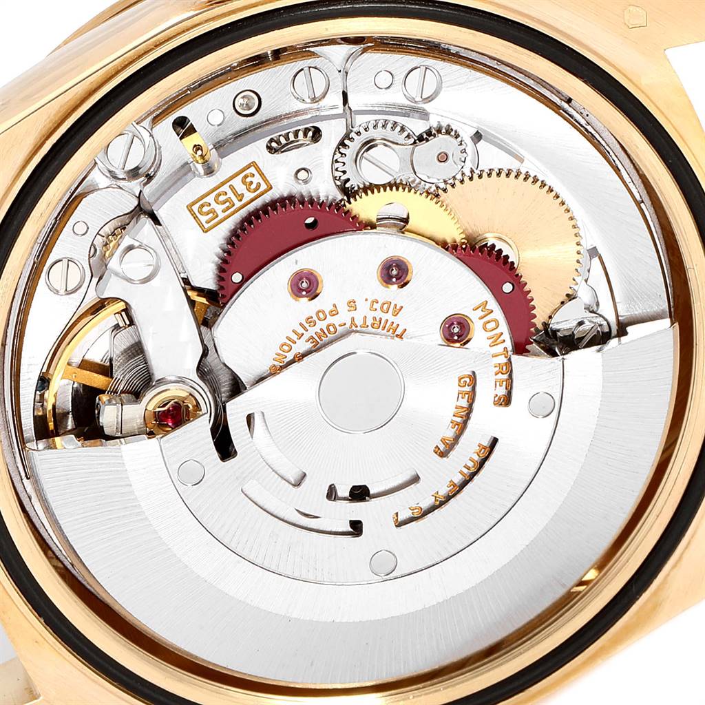 This image shows the internal mechanical movement of a Rolex President 18238 Men
s Yellow Gold Blue Dial 18238 Men
s Yellow Gold Blue Dial model watch, viewed from the back.