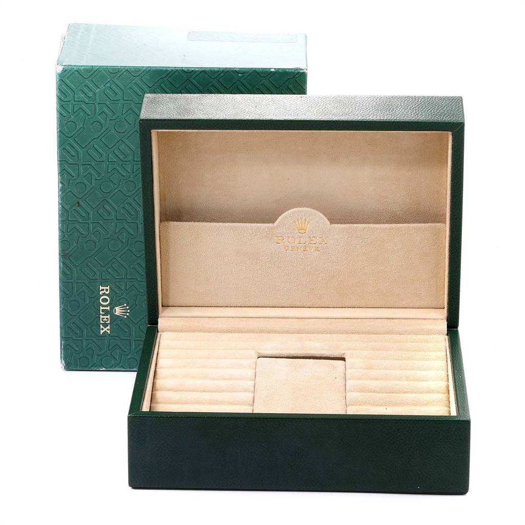 The image shows an open Rolex President 18238 Men
s Yellow Gold Blue Dial 18238 Men
s Yellow Gold Blue Dial model watch box and its outer packaging at a front angle.