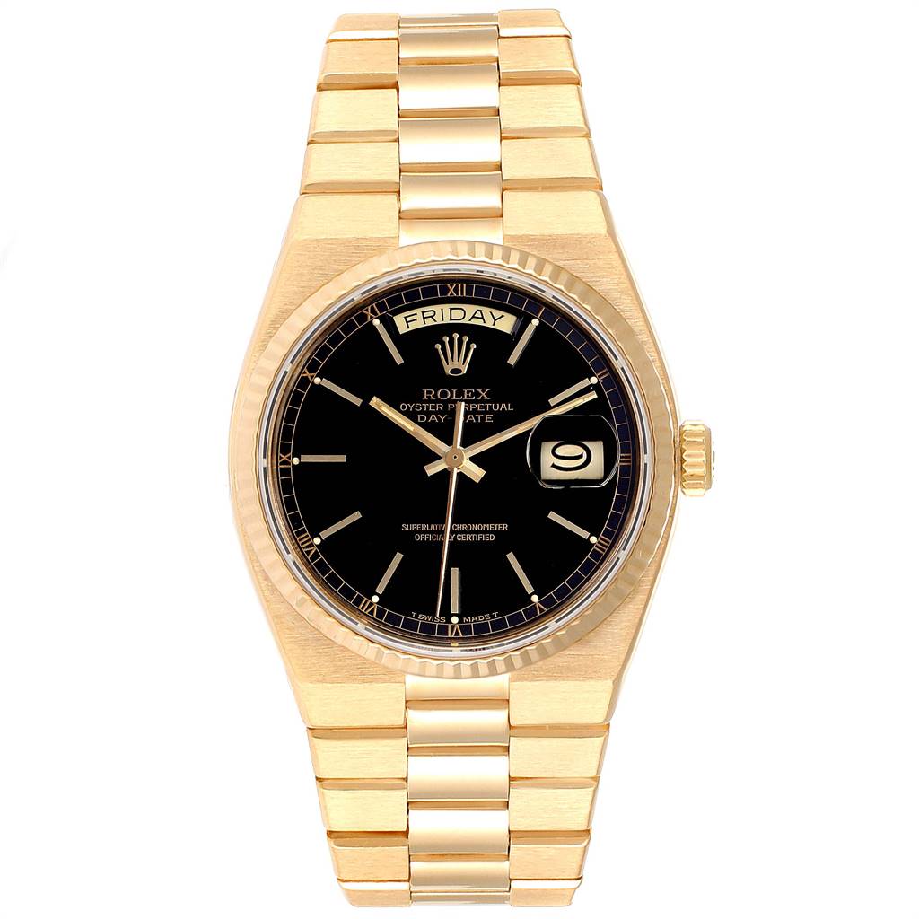 The Rolex President 19018 Men
s Yellow Gold Black Dial 19018 Men
s Yellow Gold Black Dial model is shown from a top-down angle, displaying the face, bezel, crown, and bracelet.