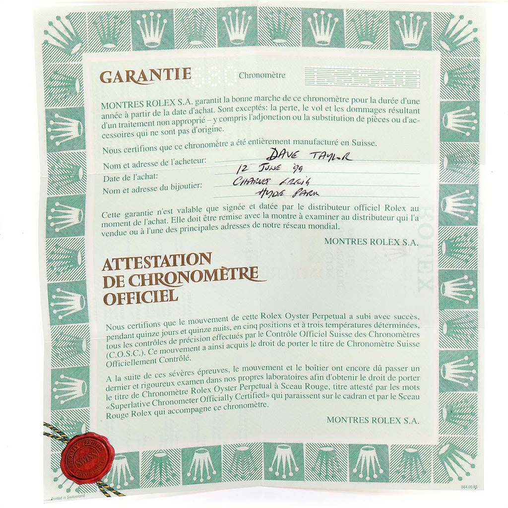 This image shows the guarantee certificate for a Rolex President 18238 Men
s Yellow Gold Beige Dial 18238 Men
s Yellow Gold Beige Dial model watch.